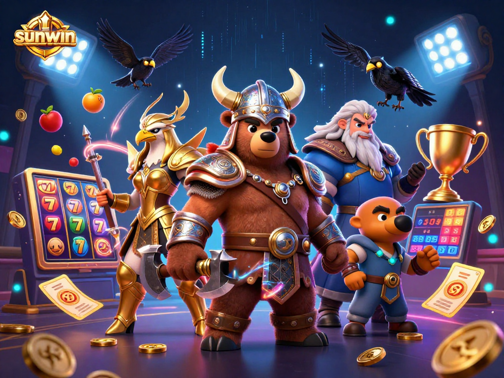 Bet big with sunwin! A vibrant 3D casino scene featuring Viking and slots elements.