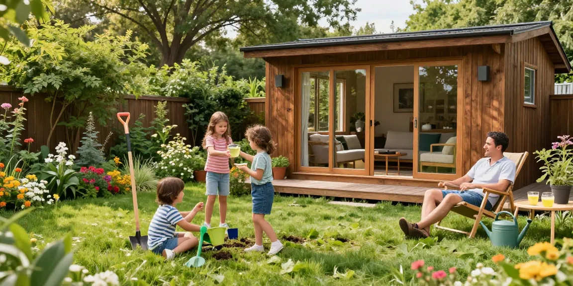 Gartenhaus kaufen: Charmantes Gartenhaus im Garten mit Familie beim Spielen und Entspannen