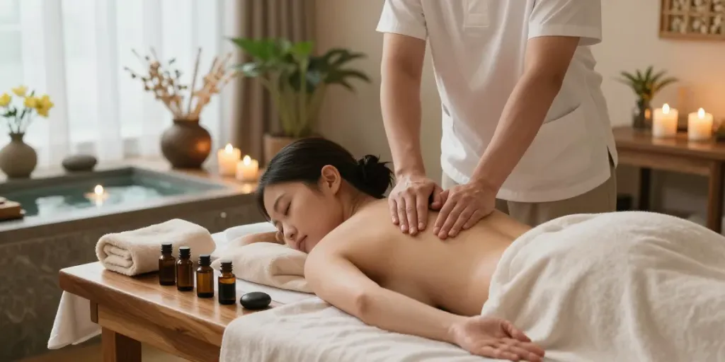 Enjoying a calming 일산출장안마 massage in a soothing spa environment.