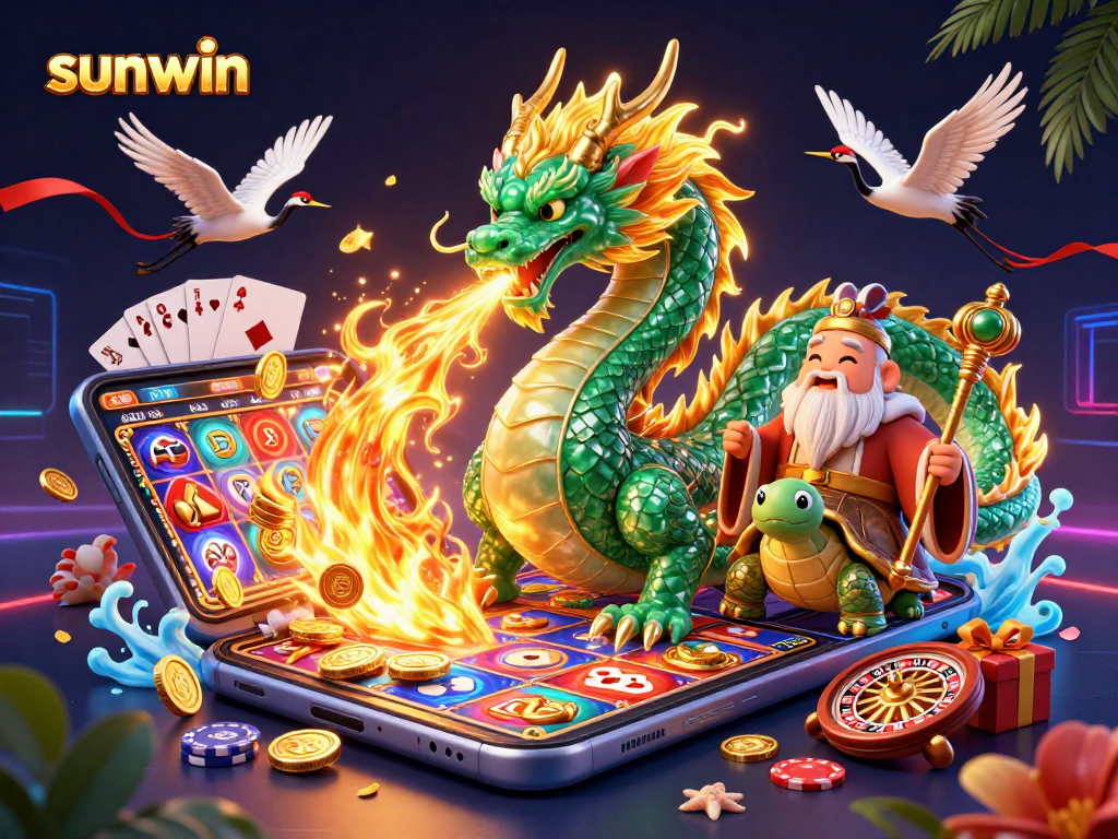 Engage with sunwin and experience a vibrant casino scene featuring a mystical dragon and wise turtle sage.