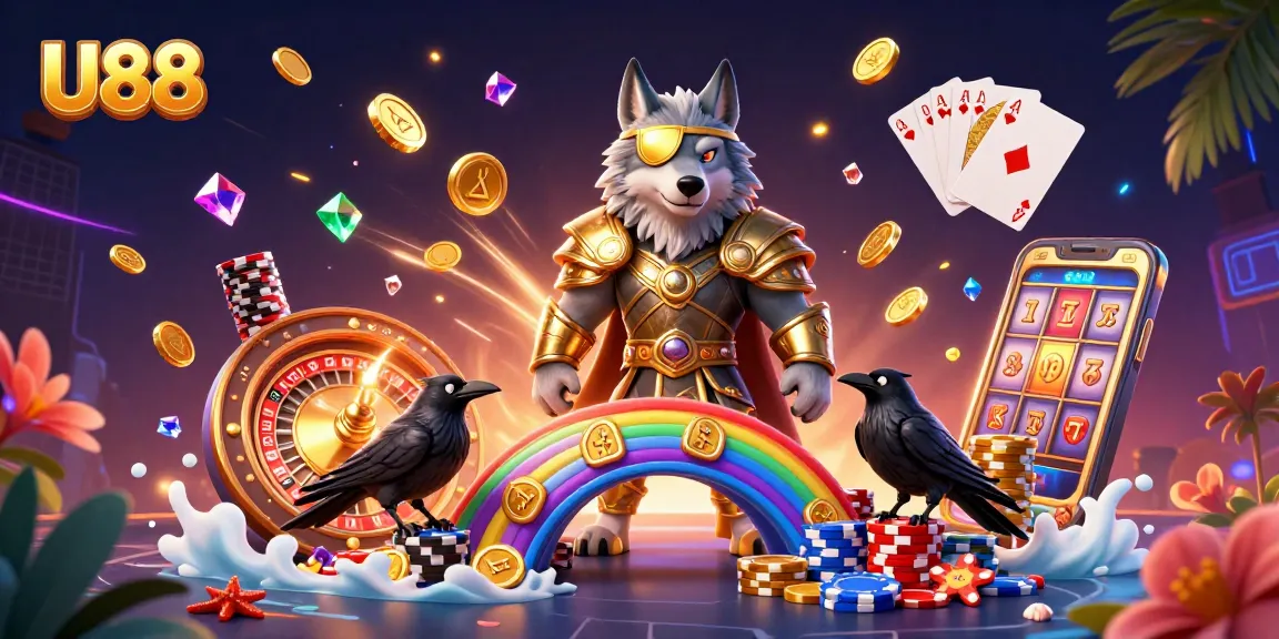Join the excitement of U88 with this vibrant 3D casino scene featuring Odin and game elements.