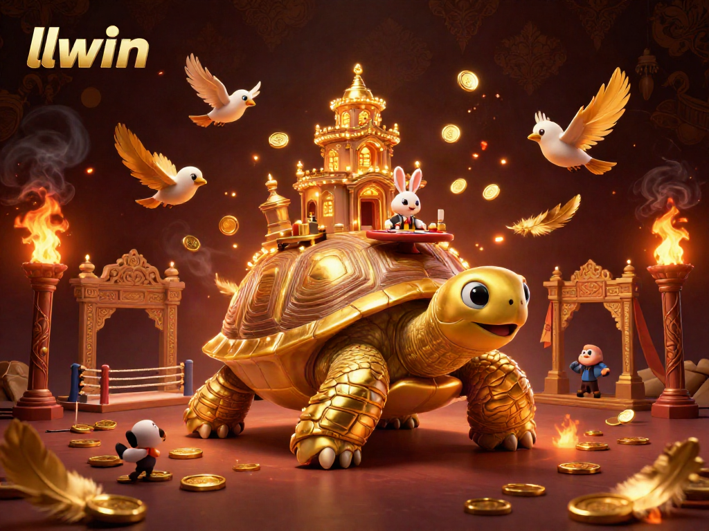 Experience thrilling gaming with llwin as golden coins swirl around a giant tortoise casino scene.