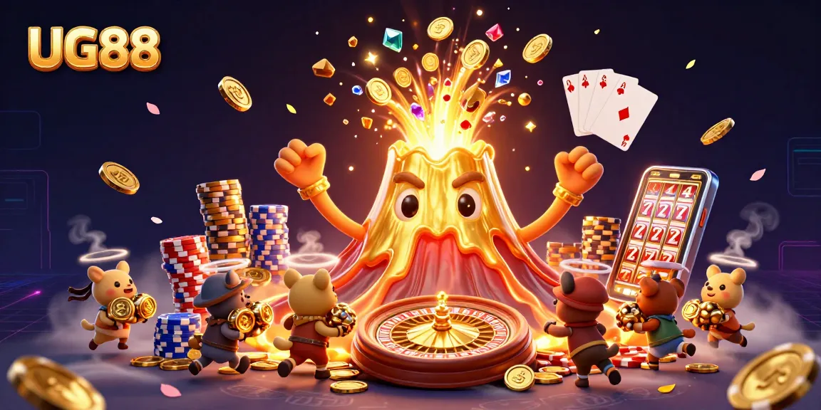 UG88 vibrantly showcases a golden volcano erupting coins, gems, and characters amidst dynamic casino elements.