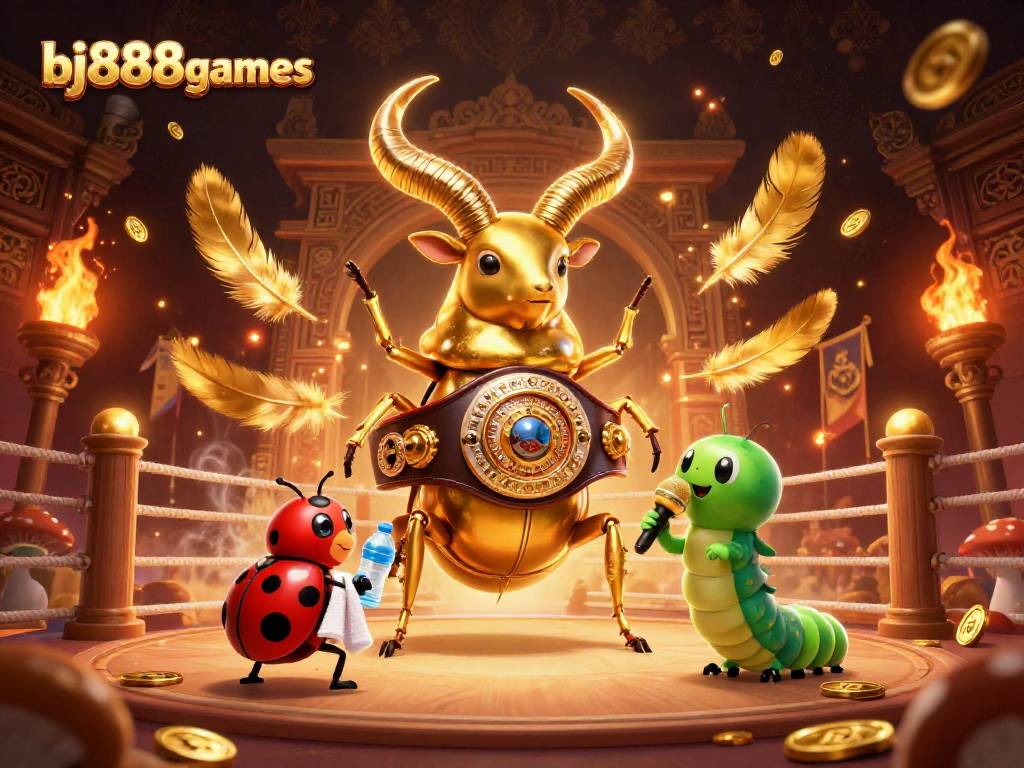 Engage with the dynamic scene at bj888games featuring a champion stag beetle and vibrant casino elements.