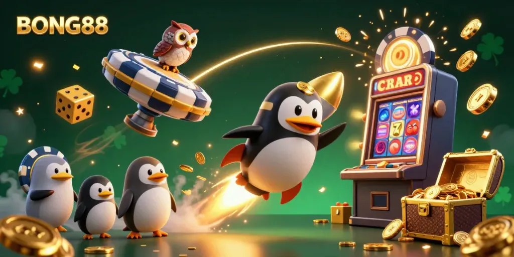 Experience the excitement of BONG88 with a vibrant rocket-powered penguin and winning casino elements.