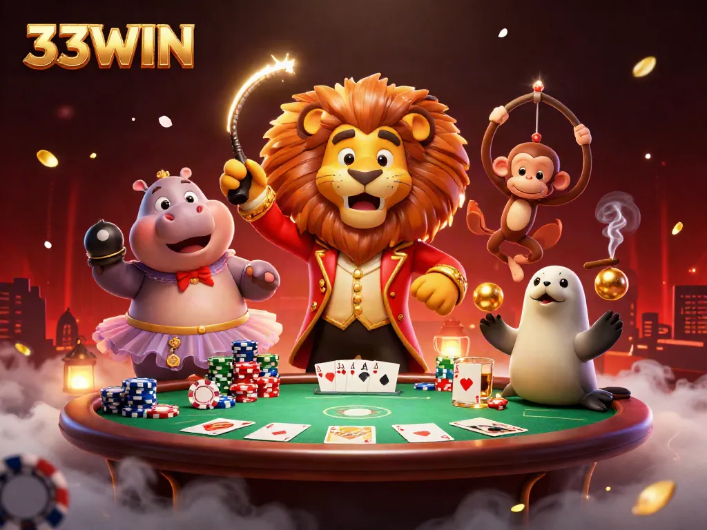 Engage with thrilling casino action featuring 33WIN's dynamic characters amidst vibrant poker elements.