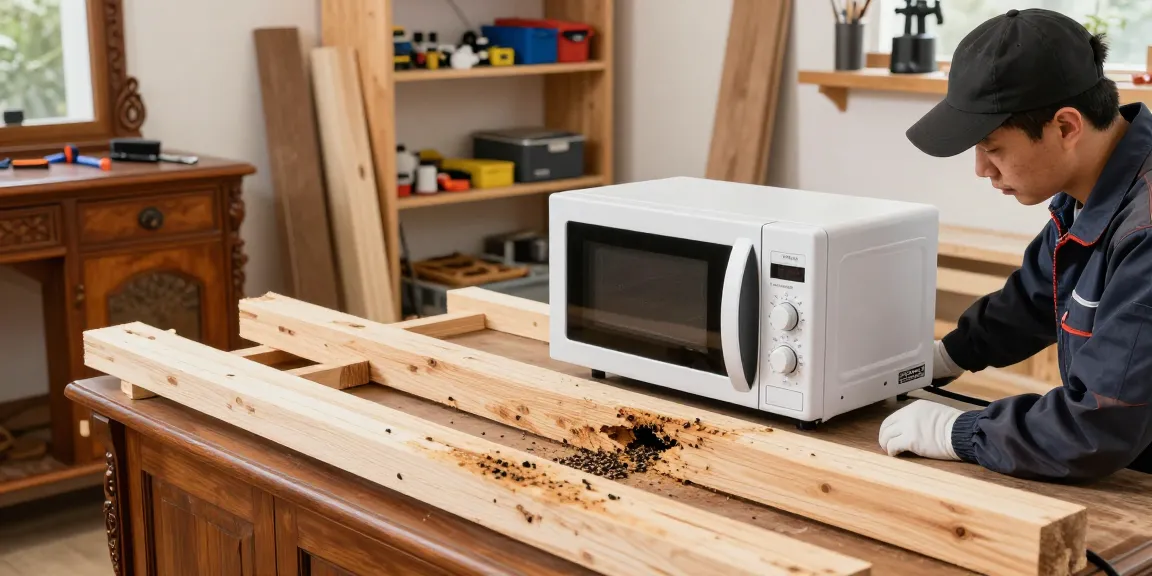 Shashel microwave treatment effectively eliminating wood-boring insects in a workshop.