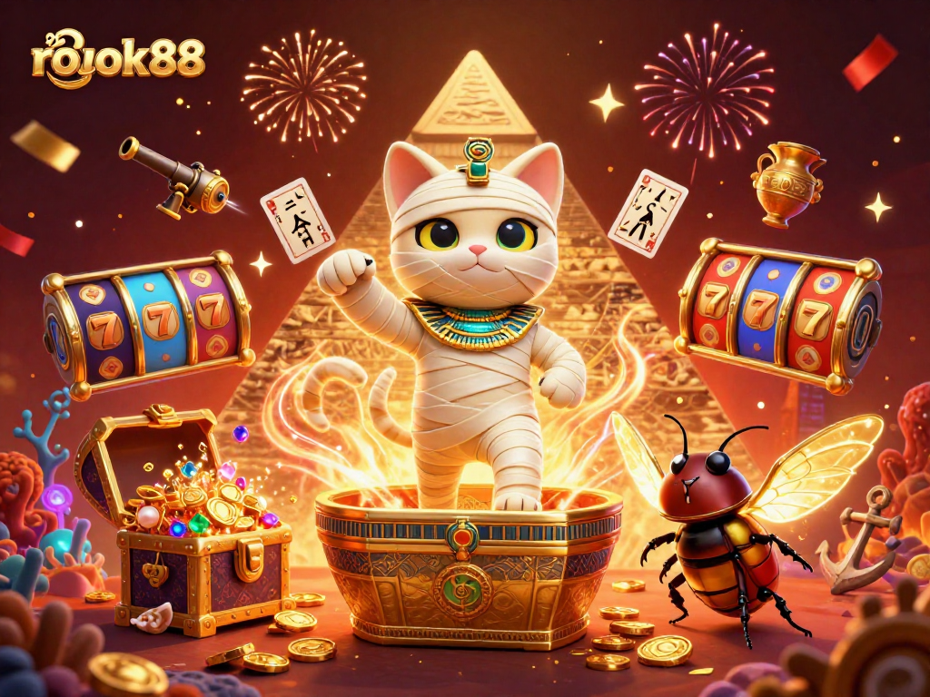 Experience exciting gameplay at rokok88 with a dynamic scene of charming characters and vibrant casino elements.