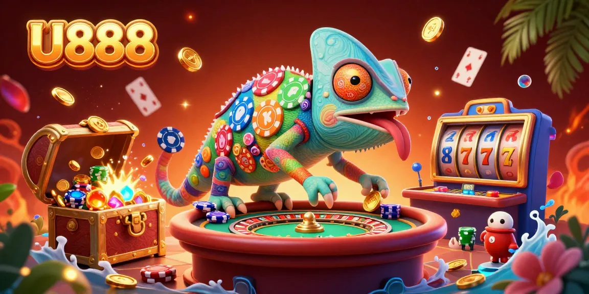 Experience the thrill of U888 with a vibrant chameleon-themed casino scene.