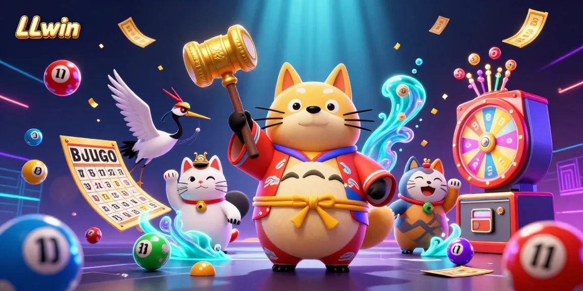 LLwin showcases a vibrant casino experience with characters celebrating winning moments surrounded by lottery and gaming excitement.