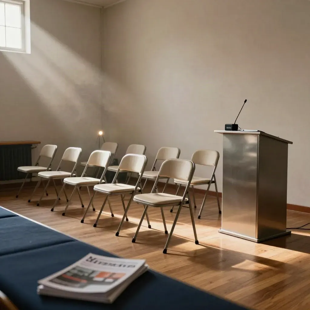 Leerer Vortragsraum mit Stuhlreihen, Podium und Lichtstrahl am Nachmittag