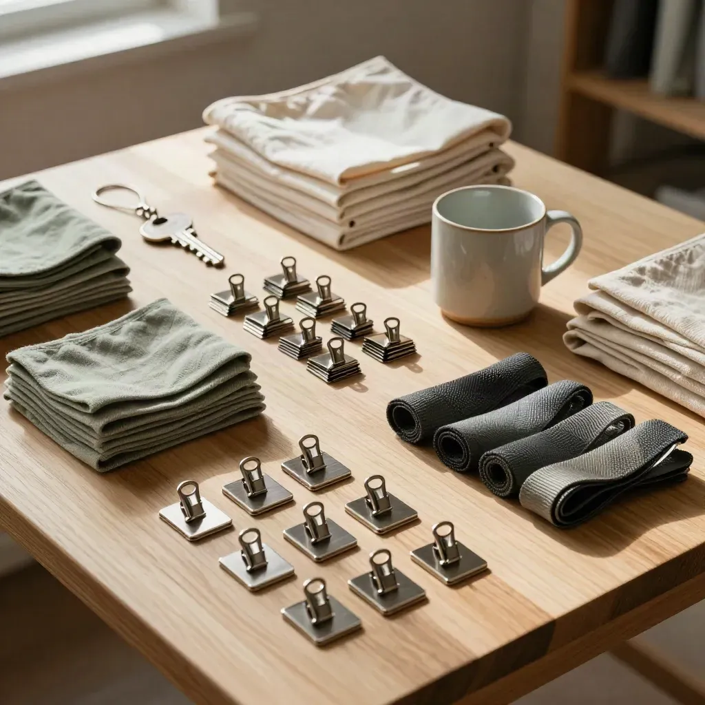 Draufsicht auf ein Ehrenamts-Set mit Lanyards, Ausweisklammern, Stofftaschen und Becher.