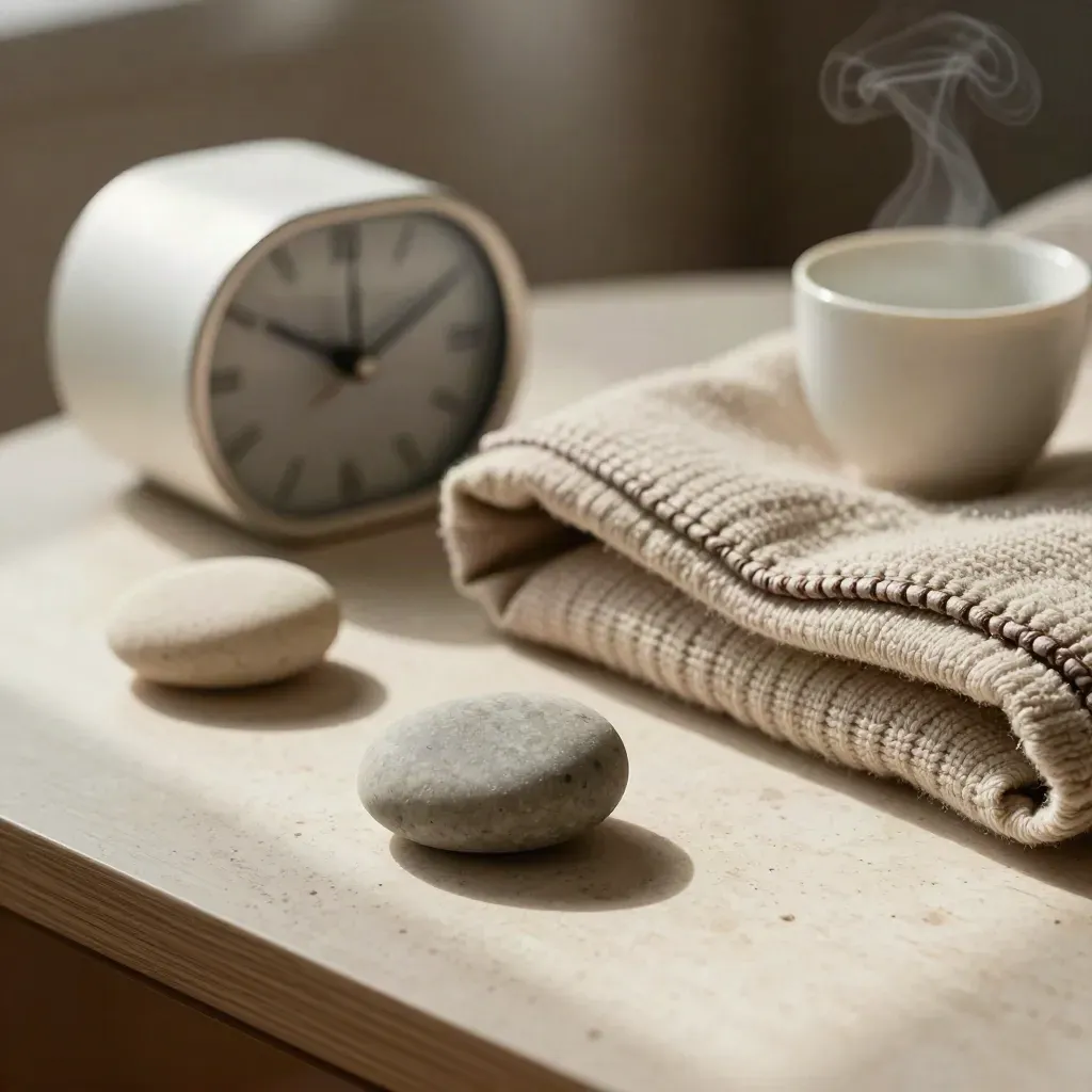 Makro von Sorgensteinen, Deckenrand, Timer und Tasse auf hellem Therapietisch.