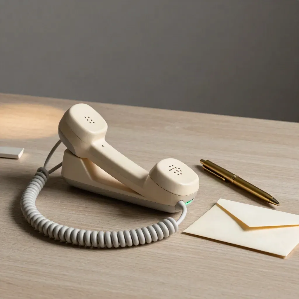 Telefonhörer an Ladestation mit Messingstift und verschlossenem Umschlag auf hellem Holz.