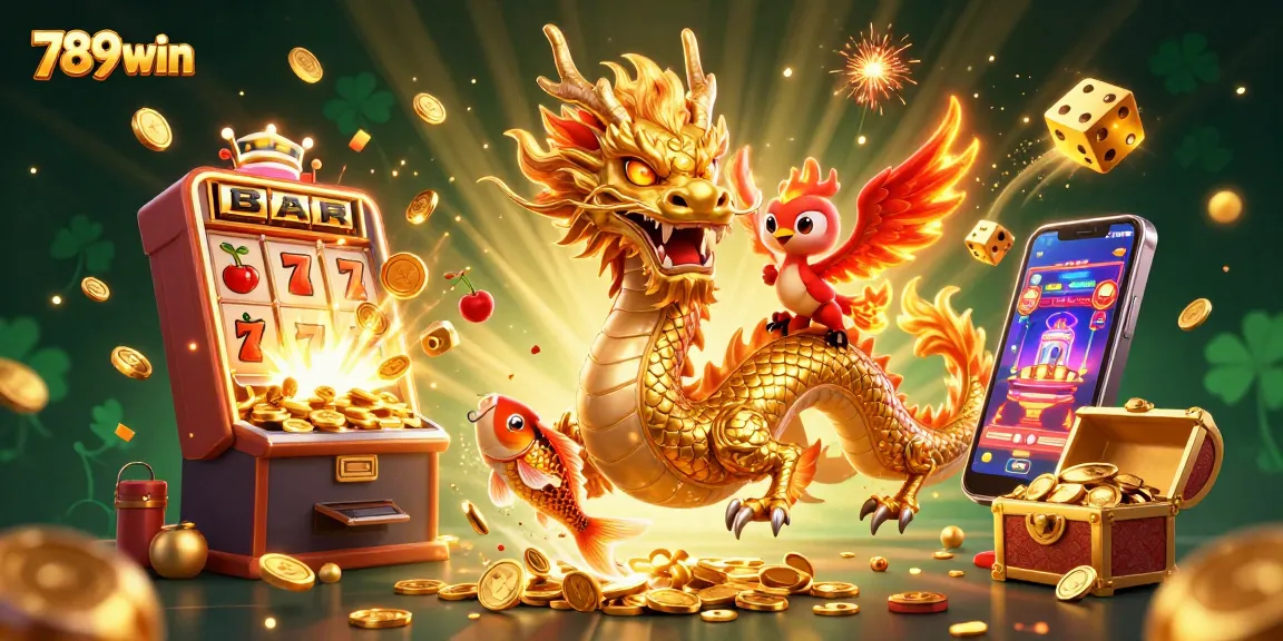 Experience the exciting world of 789win with a colorful 3D illustration of a golden dragon, phoenix, and koi fish, symbolizing luck and fortune in gambling.