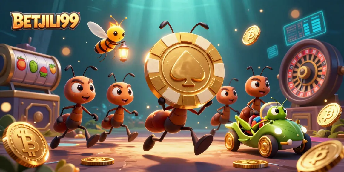 Engage in epic gaming adventures with BETJILI99, featuring lively casino characters amidst vibrant 3D elements.
