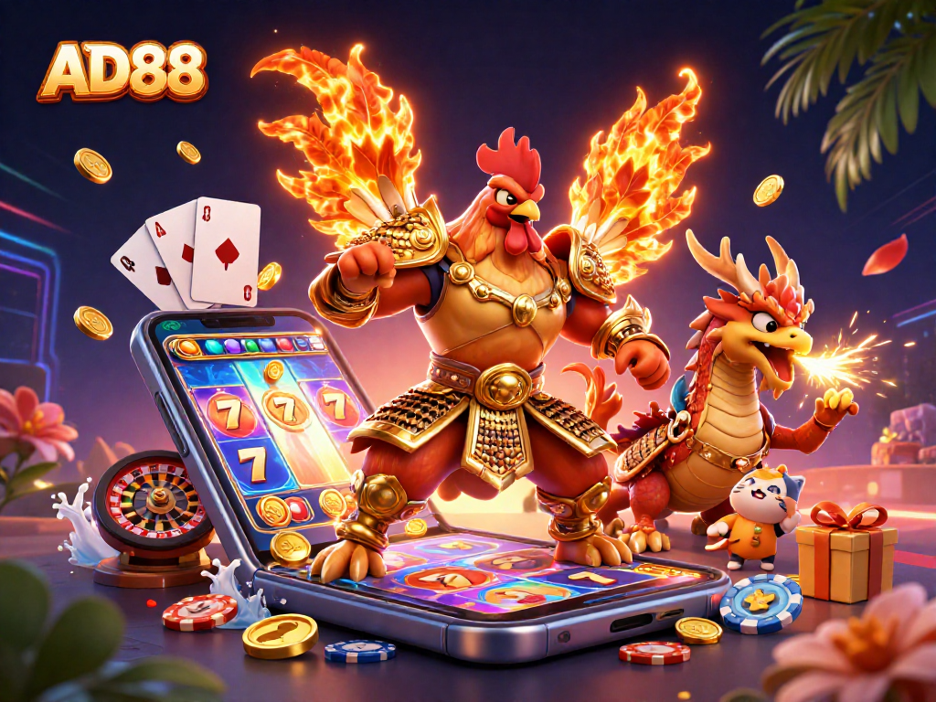 AD88 showcases a vibrant 3D scene with a fighting rooster, dragon hatchling, and casino elements.