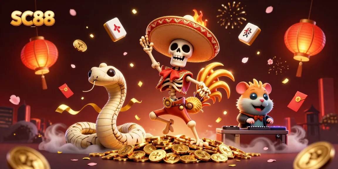 SC88's thrilling victory dance scene with skeleton rooster, mummy snake, and DJ hamster in a vibrant casino.