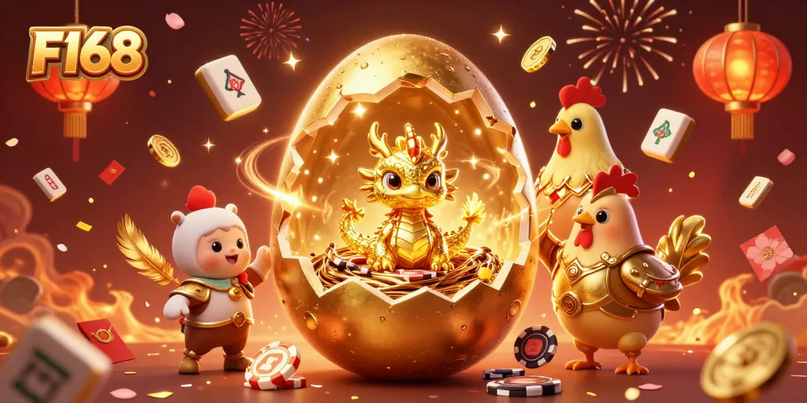 Engage with F168 as a baby dragon emerges from a golden egg amidst a vibrant casino scene.
