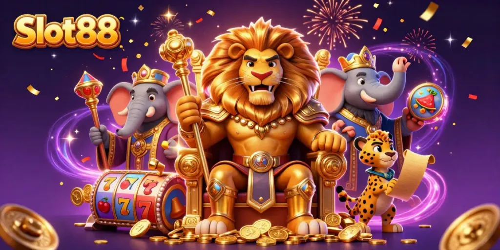 Engage with Slot88's dynamic slot experience featuring a regal lion king amidst vibrant symbols and celebratory effects.