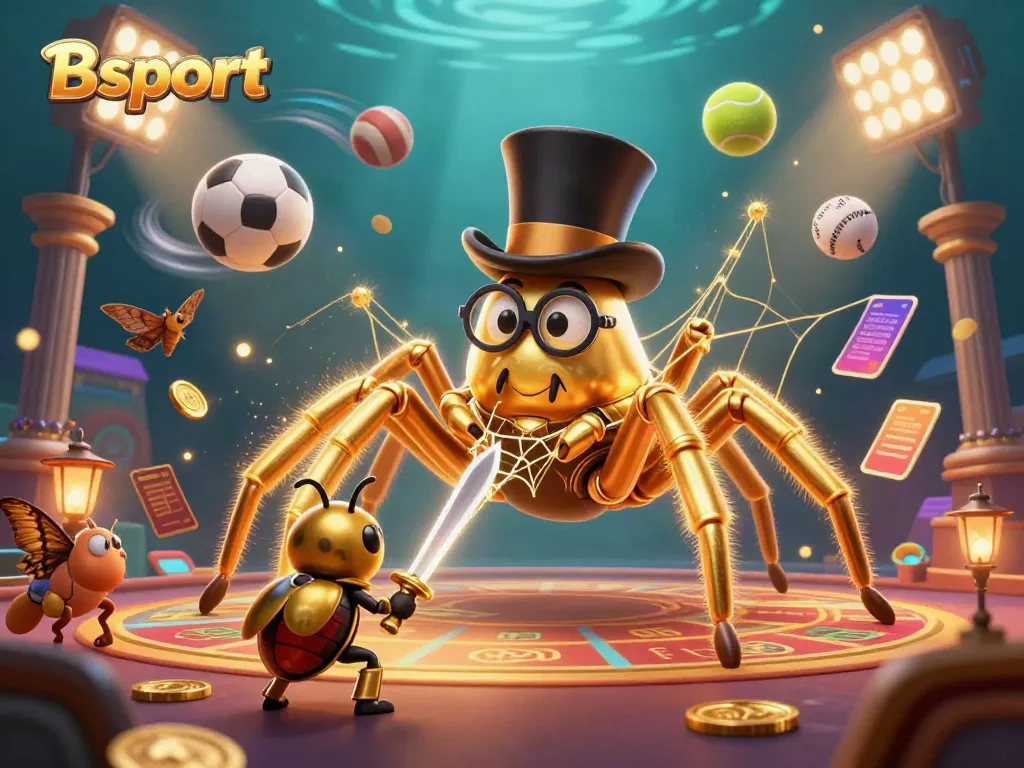 Bsport showcases a dynamic scene of a golden tarantula weaving gold threads around casino pillars in a vibrant atmosphere