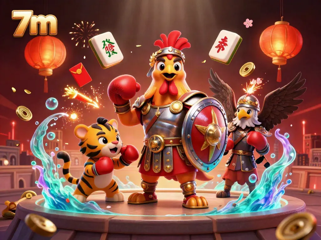 Engage with 7m's vibrant casino scene featuring a gladiator rooster and tiger cub amidst festive decorations.