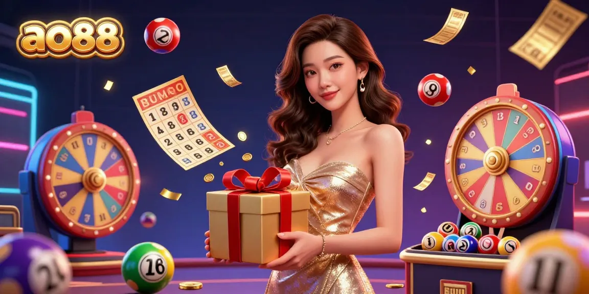 ao88 engaging in a vibrant casino-themed lottery celebration with stunning visuals and dynamic elements.