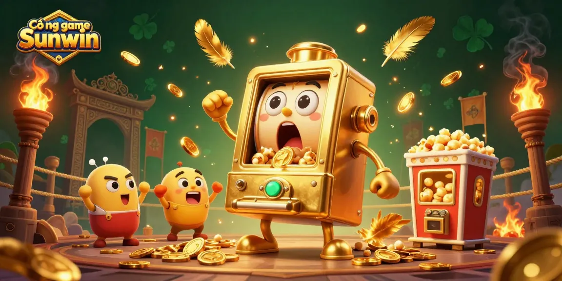 Cổng game Sunwin showcases a thrilling 3D scene with a golden slot machine celebrating a jackpot amidst cheering machine companions and vibrant casino elements.