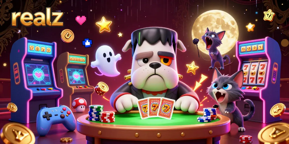 Realz casino characters play cards amid vibrant gaming elements, spotlighting thrilling gameplay.