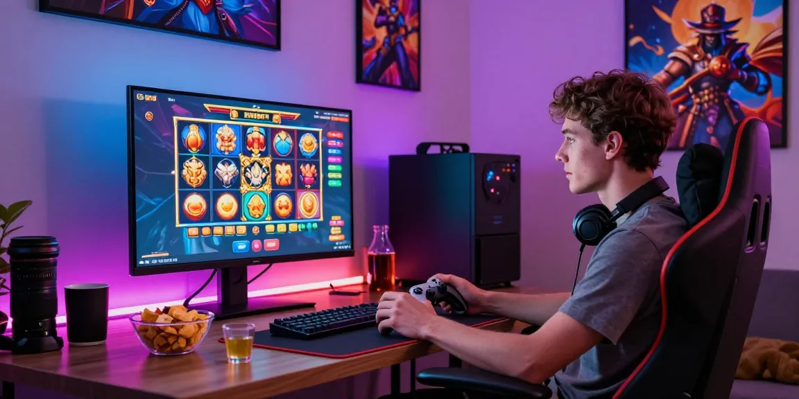 Engaging scene of a young adult playing slots, showcasing cara daftar wd138 in a vibrant gaming setup.