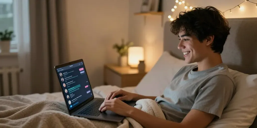 Engaging in free AI sex chat on a laptop in a cozy bedroom.