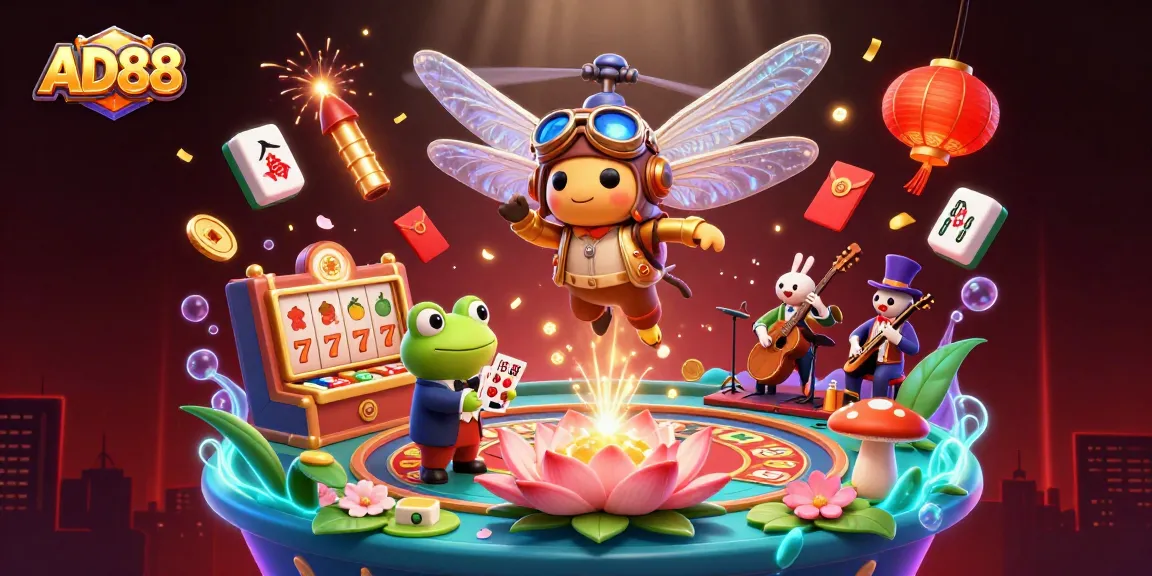 Experience the excitement of AD88 with vibrant slot-themed 3D casino art featuring unique characters.