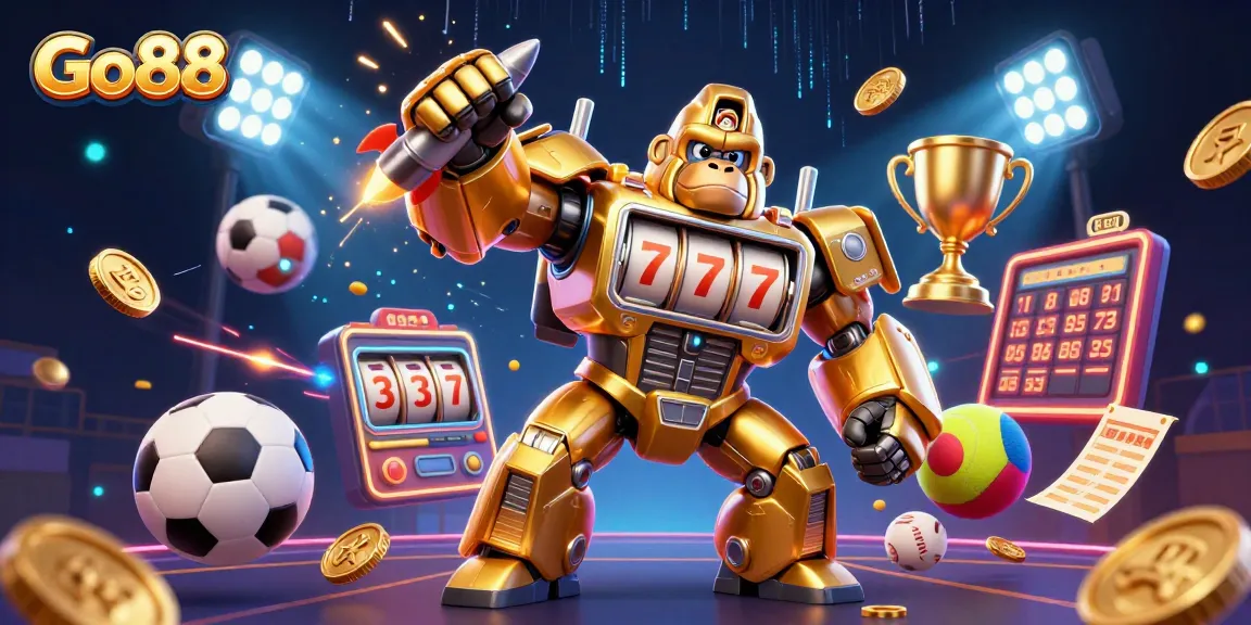 Engage with Go88's golden gorilla mech in a dynamic casino scene filled with festive elements.