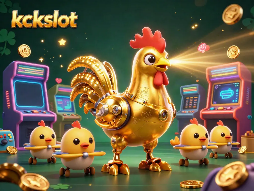 Raih kemenangan dengan kckslot, ilustrasi 3D ayam robot dan drone dalam tema kasino.