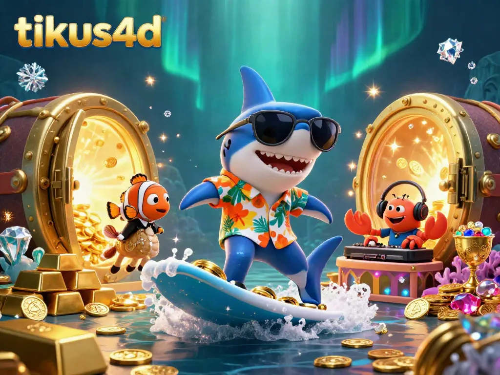 Deskripsi karakter tikus4d dengan ikan badut di bawah laut sambil bersenang-senang di atas koin emas.