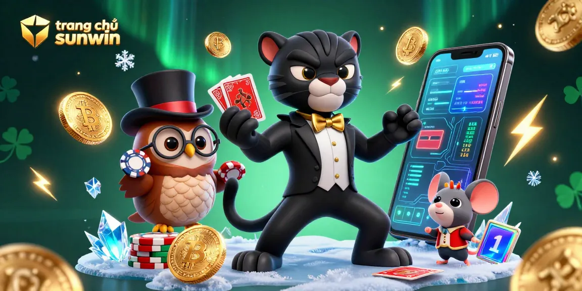 Engage with a vibrant scene from trang chủ sunwin showcasing a playful panther dealing cards among casino elements.