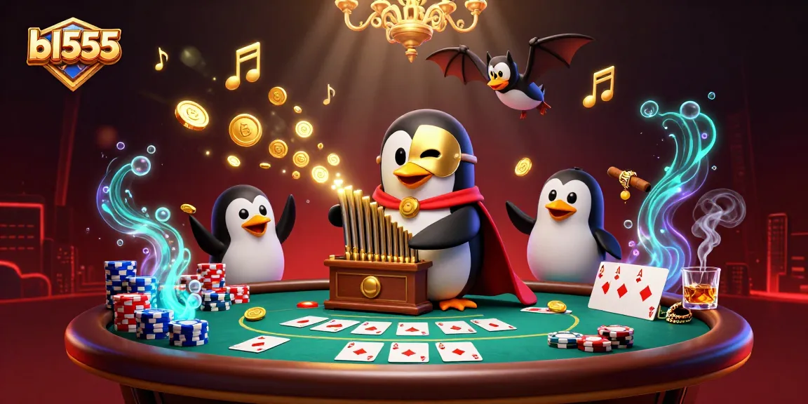 Experience the thrilling world of bl555 with a vibrant, interactive casino scene featuring an opera penguin and lively gaming elements.