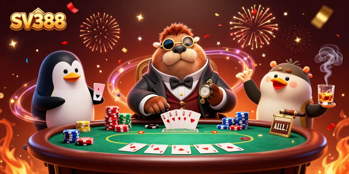 SV388 players enjoy a dynamic underwater poker game with jolly walrus and sophisticated penguin dealer.