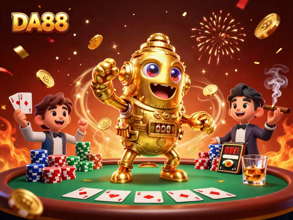Experience the excitement of DA88 casino with vibrant poker elements and golden golem character.