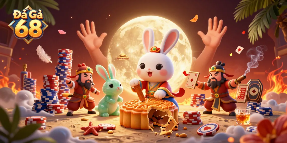 Experience Đá Gà 68 action with dynamic illustrations of moon rabbits and vibrant poker elements.