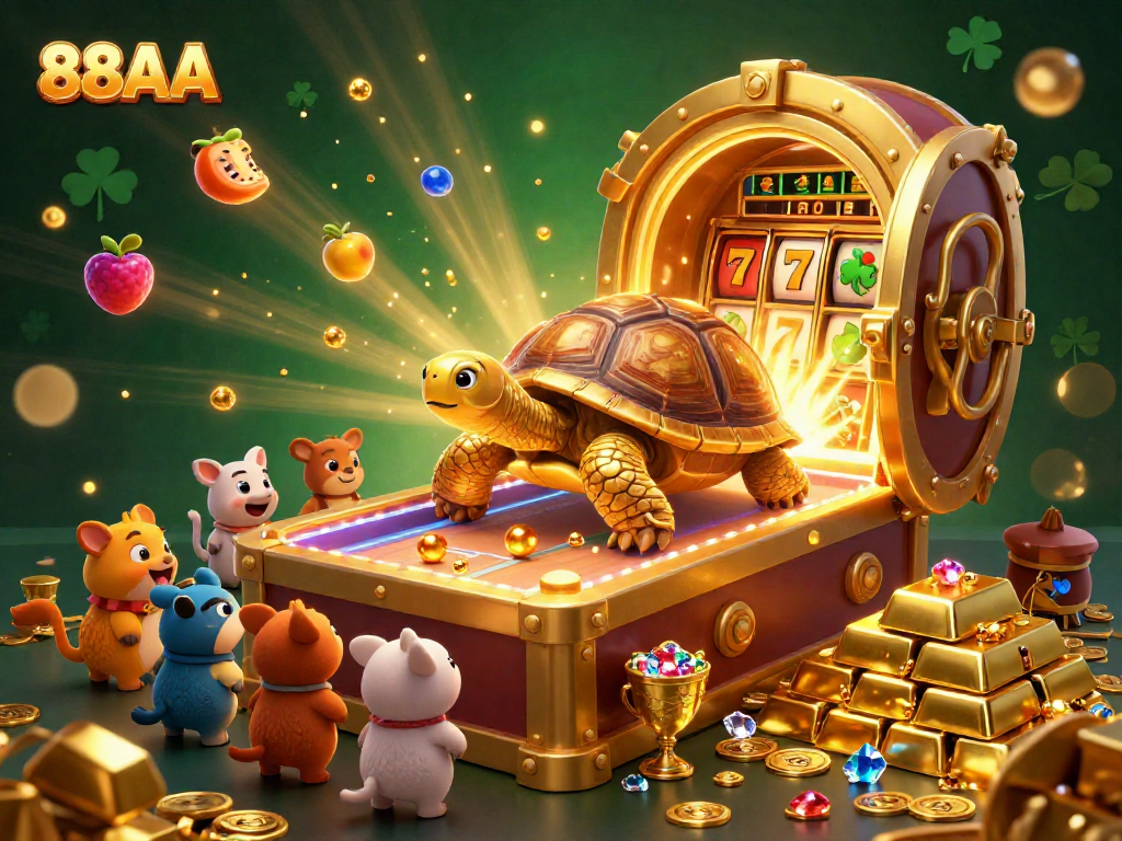 Experience the excitement of 88AA in a vibrant casino scene with golden tortoise characters and treasures.