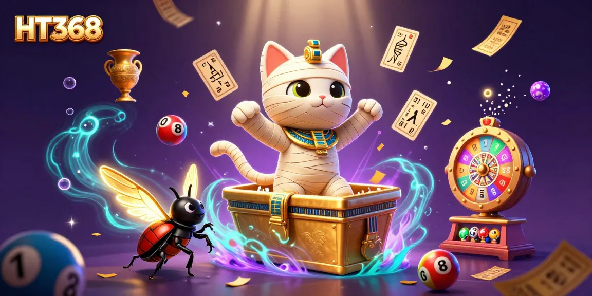 Engage in thrilling experiences at HT368 with a vivid casino scene featuring Egyptian mummy cat and glowing elements.