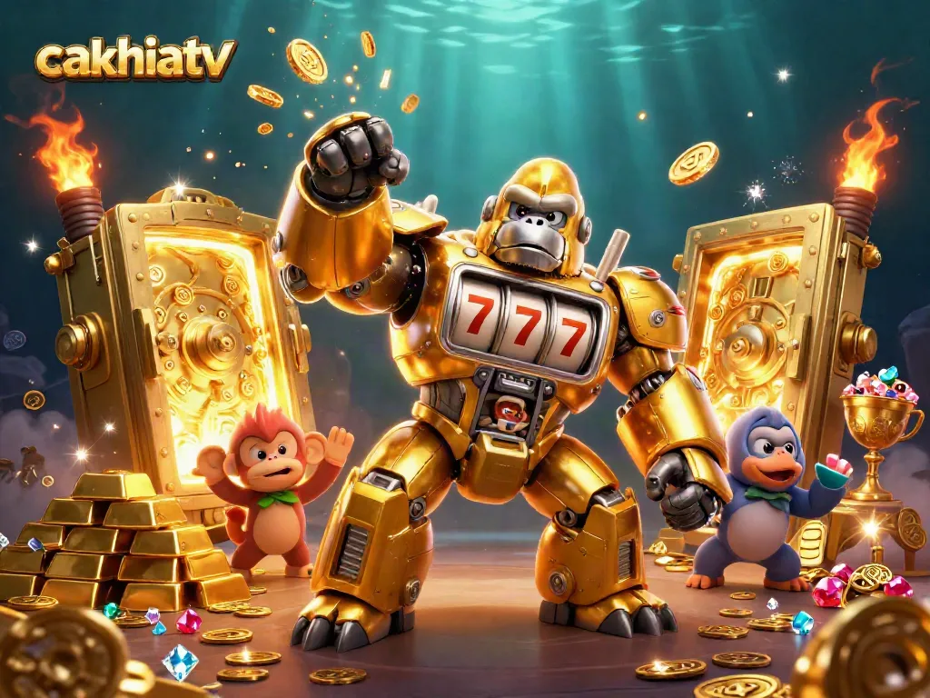 Experience thrilling action with cakhiatv's golden gorilla mech blasting coins in a vibrant casino scene.
