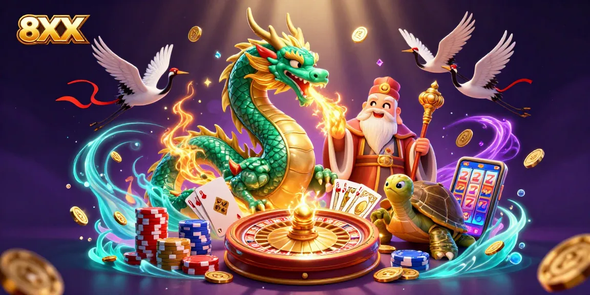 Engage with thrilling gaming action in 8XX as vibrant dragons, coins, and cards fill the scene.