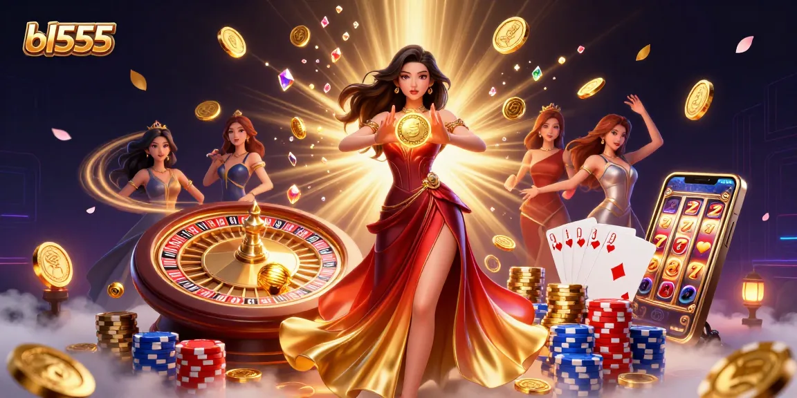 Experience big wins with bl555 in a dazzling 3D casino scene featuring spinning roulette and cascading coins.