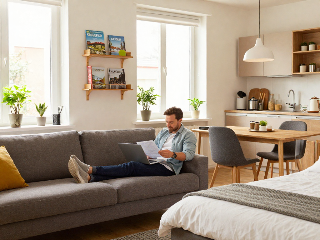 Monteurzimmer Hannover: modernes, gemütliches Apartment mit Arbeitsbereich und natürlichem Licht.