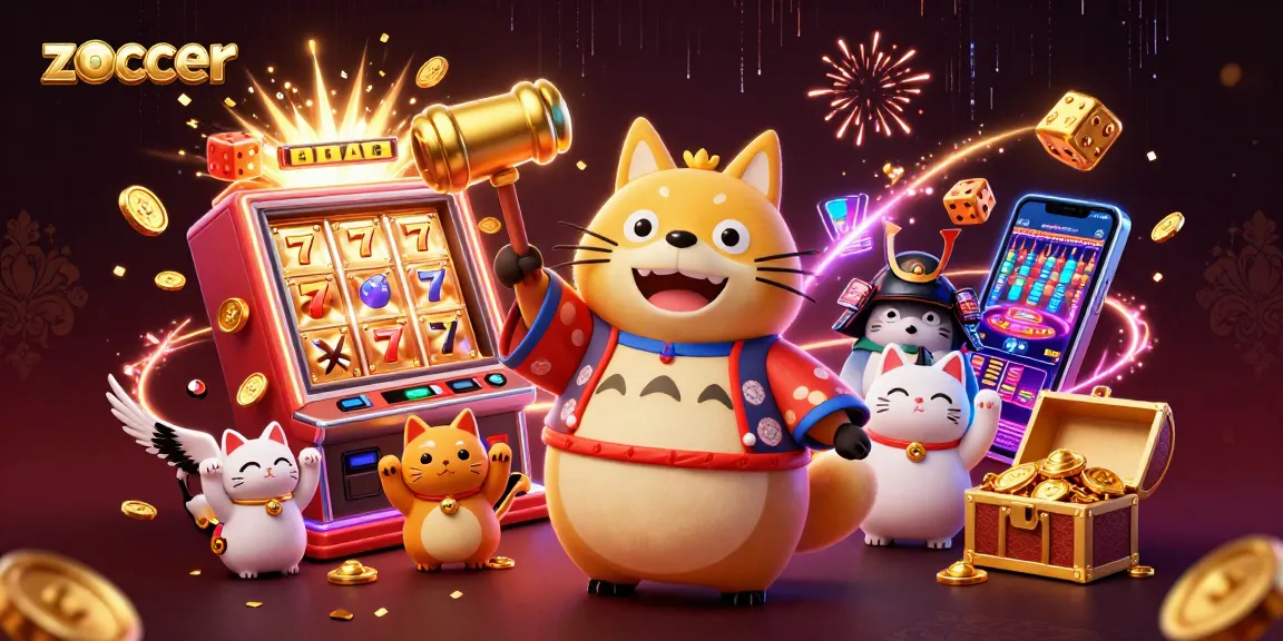 Zoccer slot gaming excitement with cheerful characters and vibrant casino elements bursting with energy.