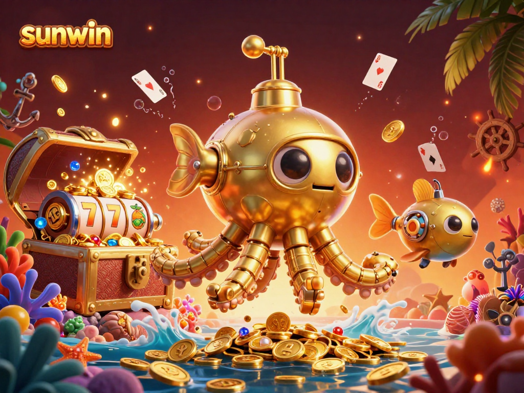 Sunwin showcases a vibrant 3D scene of a golden kraken submarine amidst vibrant slot gaming elements.