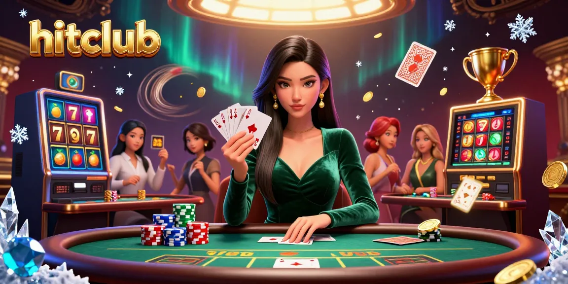 Experience excitement at hitclub with this vibrant illustration featuring a woman at a poker table.