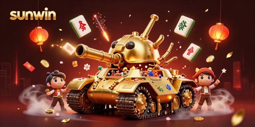 Experience the thrilling game dynamics of Sunwin with a vibrant 3D casino illustration featuring a unique golden beetle tank.